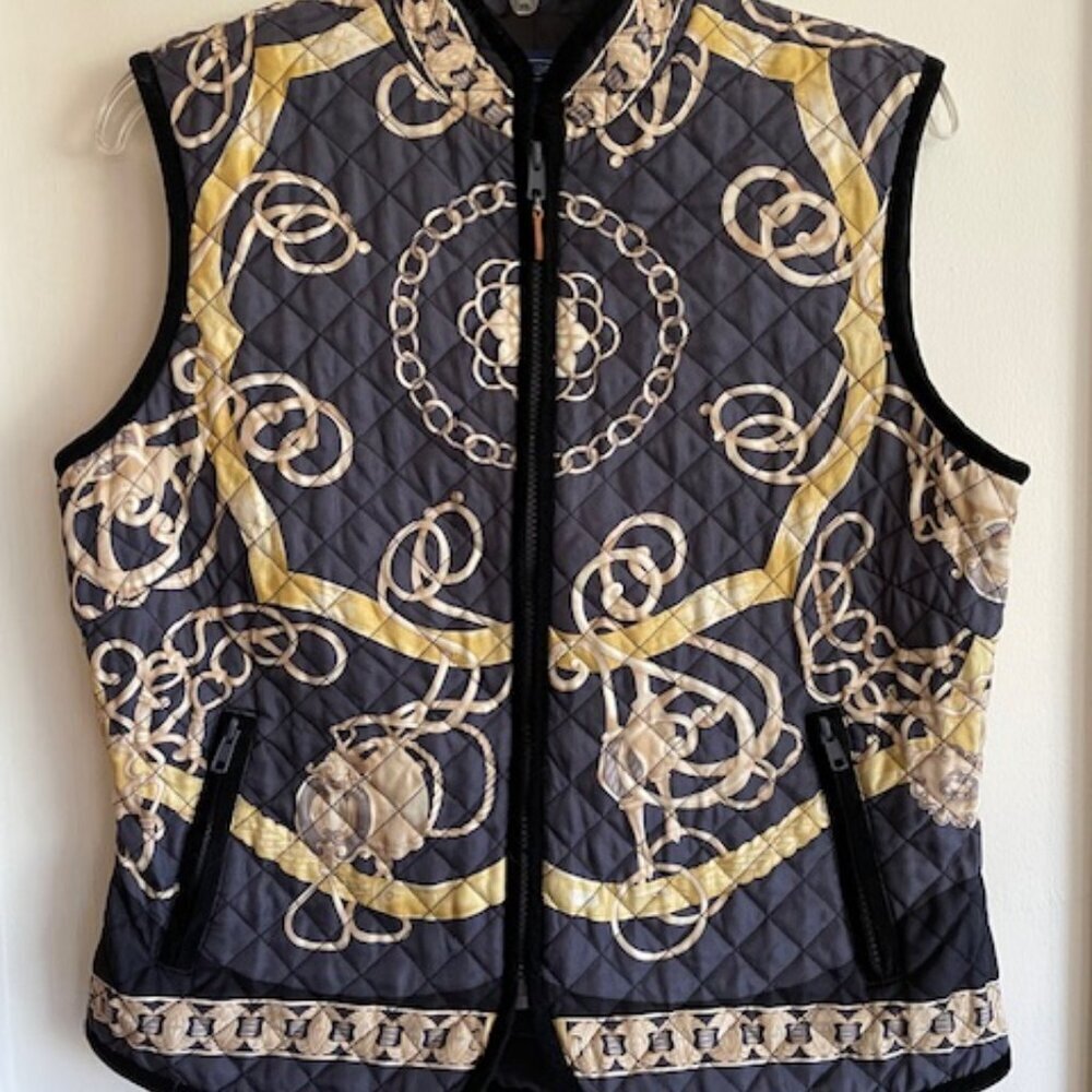 J. MCLAUGHLIN Equestrian Print Silk Quilted Vest Black Medium - Picture 4 of 15
